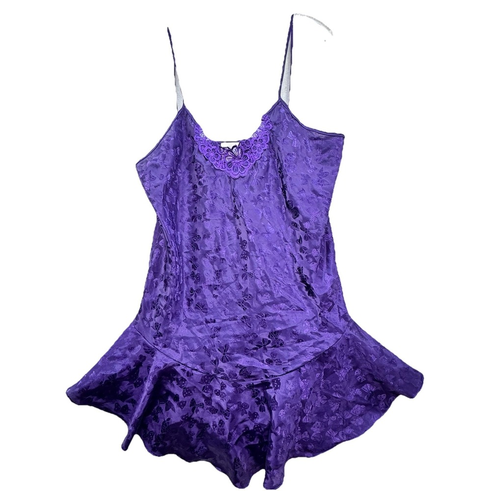 Vintage Made In USA Nightgown Chemise Slip Dress Medium Purple Bow Print Sexy
